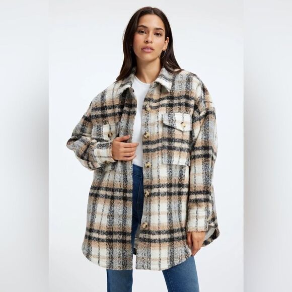 NEW GOOD AMERICAN Oversized Neutral Plaid Shacket Size 5/6 (2X/3X) - Picture 1 of 7